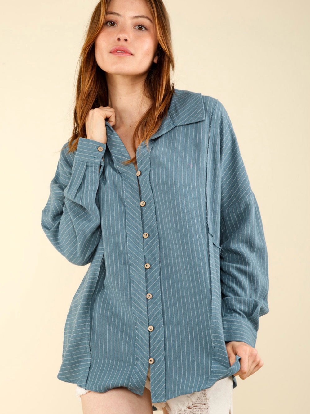 New In - Relaxed Pinstripe Button-Up Shirt - Blue